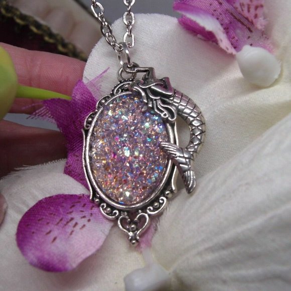 Mermaid Silver Necklace Purple Druzy Cameo Charm - Picture 6 of 7